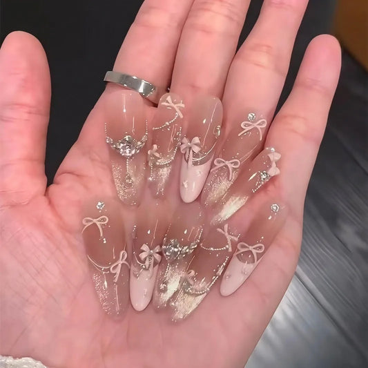 10Pcs Long Almond Pink Glossy Handmade Nail Stickers Shiny Cat Eye Bows Rhinestones Fake Nail Tips Wearable Full Cover Press Ons