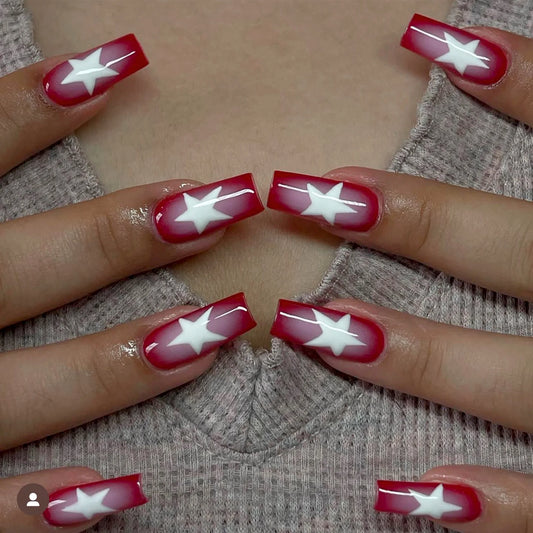 24pcs five-pointed star Fake Nail Patch French Red Ballet Coffin False Nail Full Cover Wearable Press on Nails Tips for Girls