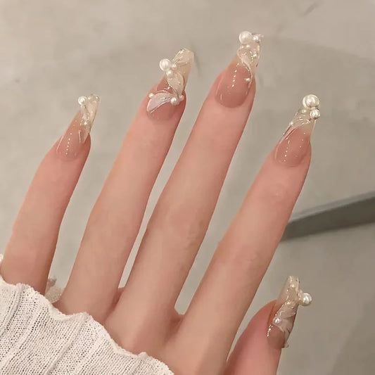24pcs Finished Fake Nails Tips Diamond Pearl Decor Ballet Stick on False Nail Set Long Coffin Press on Nails Nude Color Manicure