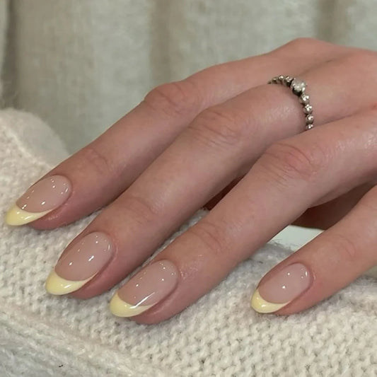Simple French Yellow Almond Fake Nails Art Stiletto False Nails Charms Glitter Classic White Square Pointed Press on Nails Tools