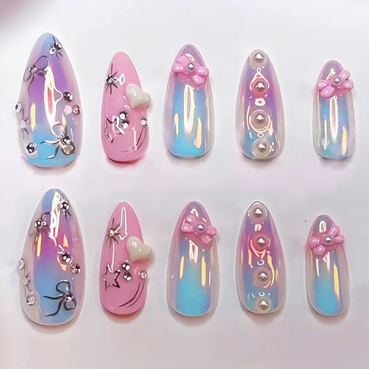 24pcs Gradient French Cat's Eye False Nails Tips Aurora Diamond Butterfly Design Stick on Round Almond Fake Nail Press on Nails