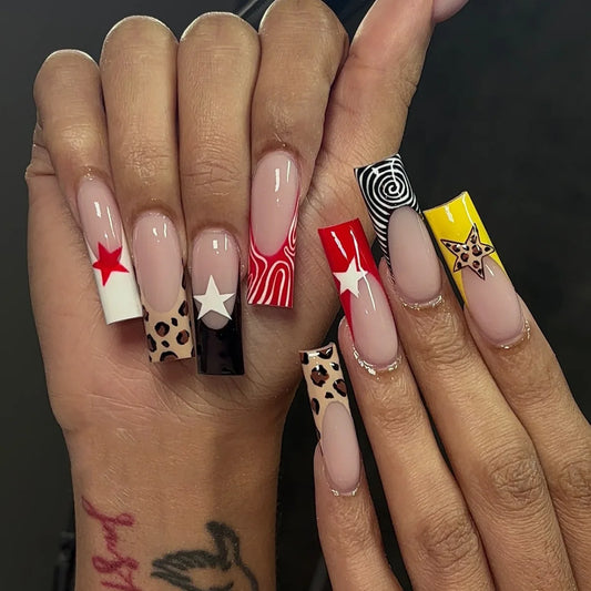 24pcs Sweet Cool y2k Star Press on Nails Leopard Print French Long Ballet Fake Nails for Women Wearable Gothic Punk False Nails
