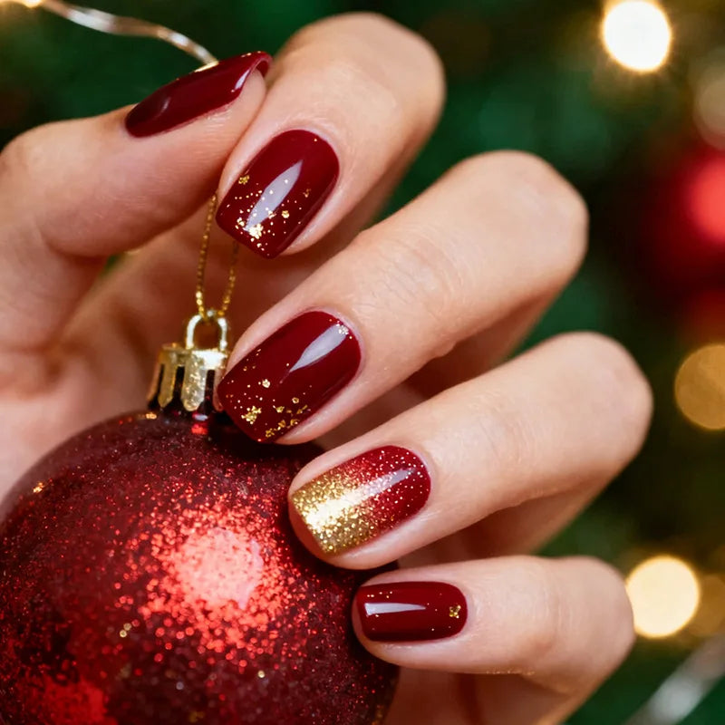 24pcs Wine Red Full Cover Nail Tips Gradient Shiny Gilded Ballet Press on Nails Art Short Square Fake Nails Wearable False Nail