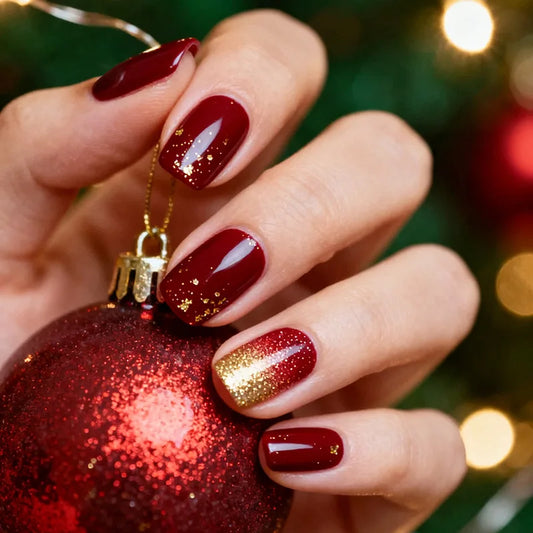 24pcs Wine Red Full Cover Nail Tips Gradient Shiny Gilded Ballet Press on Nails Art Short Square Fake Nails Wearable False Nail