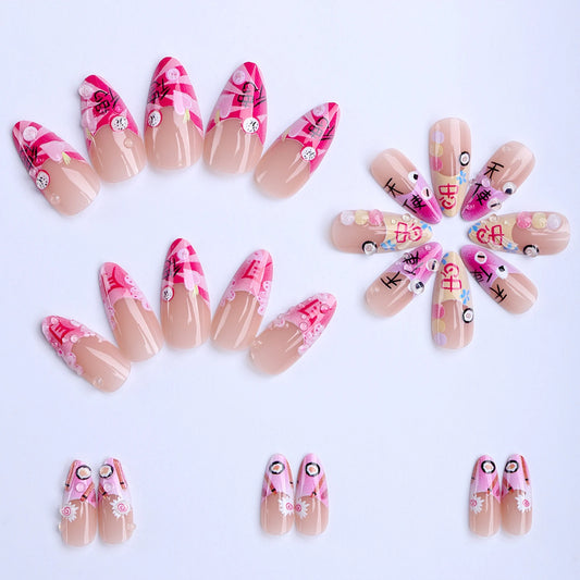 24pcs Spicy Girl Summer Fake Nails Rose Red Dopamine French Style Press On Nails Cartoon Pattern Decor Sweet Almond False Nail