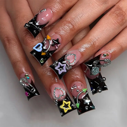 24pcs Press on Nails Short Almond Bowknot Black Press on Nails White Pearl Sweet French Tip Press on Nails Cute Nail Artificial