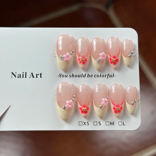 10pcs high-end High-end style, hand-painted three-dimensional carved patterns, sparkling point diamonds handmade French Tip Nail