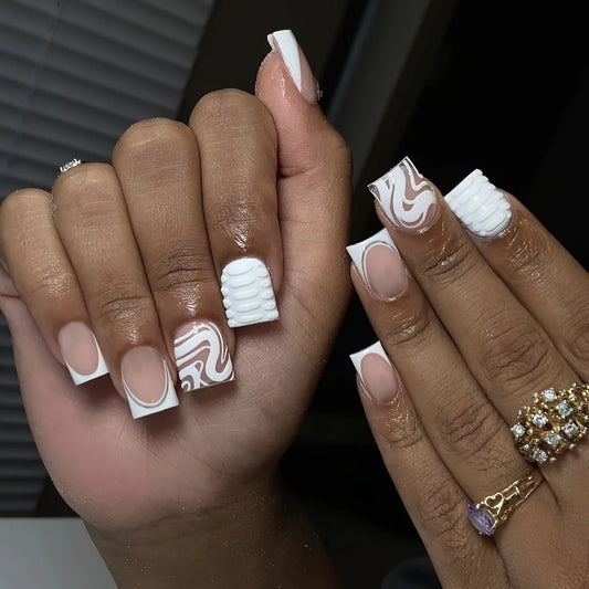 24pcs Simple White French False Nails Art Detachable Star Diamond Fake Nail Tips Bow Pearl Design Short Square Press on Nails