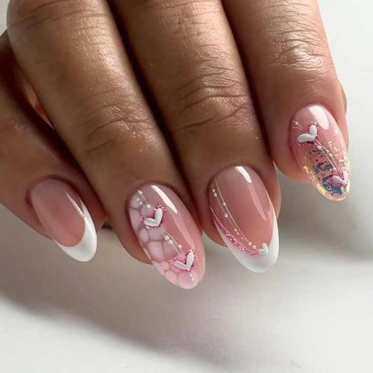 24Pcs Short Almond Press on Fake Nails White French Love Heart False Nail Shiny Powder Sequin Reusable Full Cover Nails Tips Art