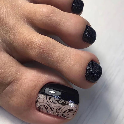 White French Nude Pink Short Fake Toenails Shiny Rhinestone Summer Flower Toe False Nails Detachable Press on Toenails with Glue