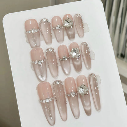 10pcs Handmade Press On Nails Glossy Cat's Eye Shiny Rhinestone Decor False Nails Ins Simple Fake Nail Detachable Manicure