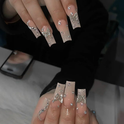 24Pcs Pink Long Ballet Coffin False Nails Butterfly Flower with French Design Wearable Fake Nails Glitter Press on Nail Tips Art