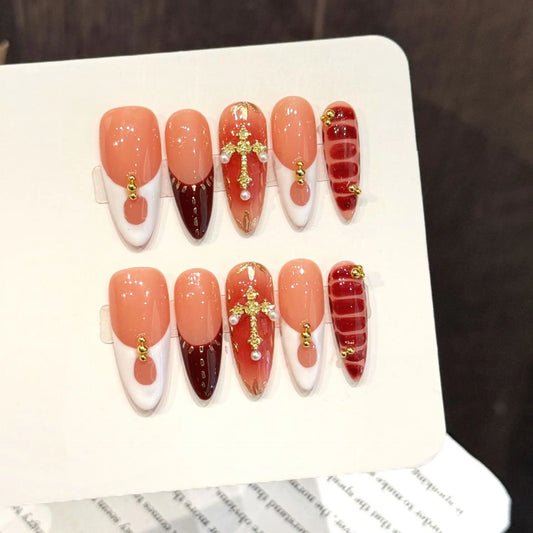 10PCS Long Oval Handmade Press On Nails,Contrasting Color Cool Style,Suitable For Festivals Parties And Daily Wear.