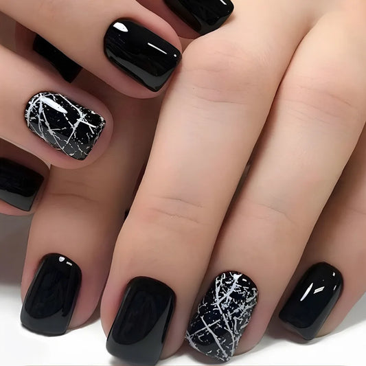 24pcs Press on Nails Black Short Square False Nails with Simple Lines Design Full Cover Nail Tip Wearable Fake Nail Set Manicure