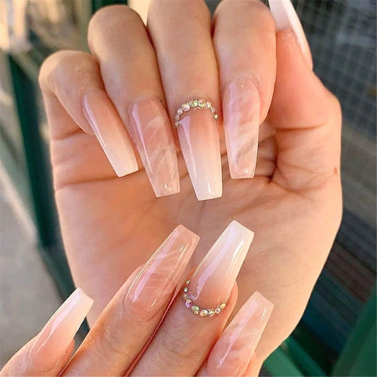 24pcs Nude Marble False Nails Coffin Ballerina Press on Nail Tips Full Cover Wearable Fashion Lady Fake Nail Patch for Girls
