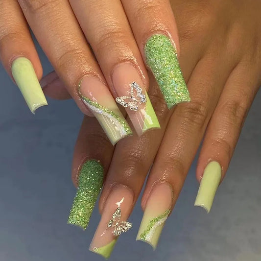 24pcs Long Square Fake Nails Press on Green French Shiny Powder Nails Tips Butterfly False Nail Sets Wearable Ballet Manicure