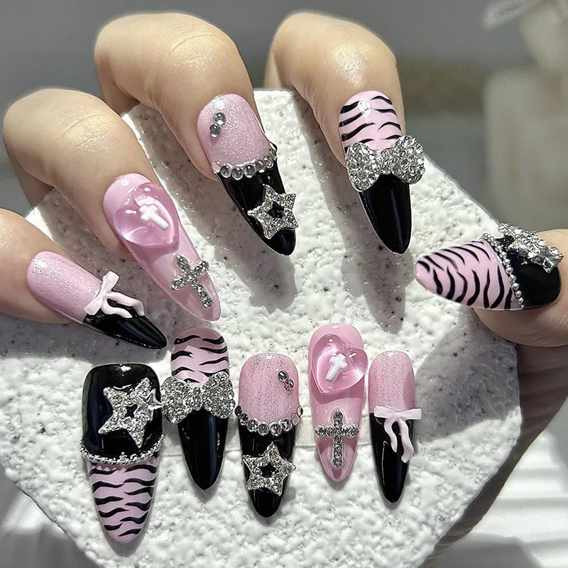 Y2K Baddie Gyaru Black Pink Long Tip French Press On Nails Jirai Nail 3D Bow Star Cross Love Zebra Print Yami Kawaii Fake Nails