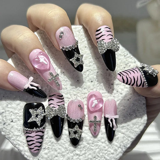 Y2K Baddie Gyaru Black Pink Long Tip French Press On Nails Jirai Nail 3D Bow Star Cross Love Zebra Print Yami Kawaii Fake Nails