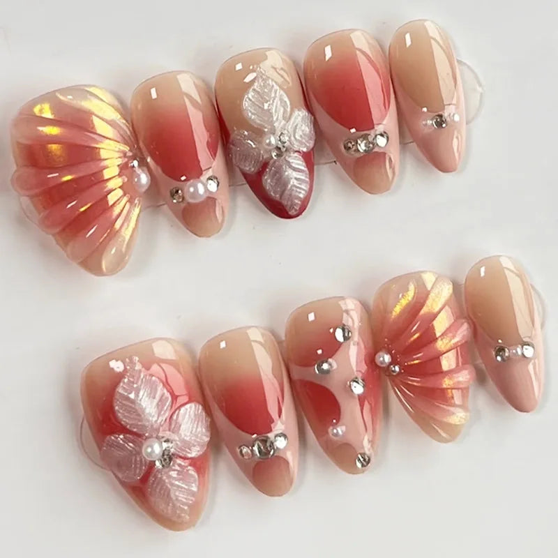 24Pcs Mid-length Almond Press on Fake Nails with Insect Flower Button Design Full Cover Nails Tips Reusable Finished False Nails