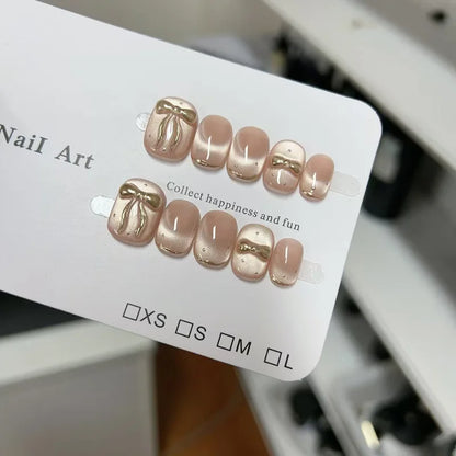 10PCS Handmade Nude Shiny Cat Eye with Bowknot French Sweet Simple Luxury Designs Short Oval Press on Nails Fake Nails for Girls