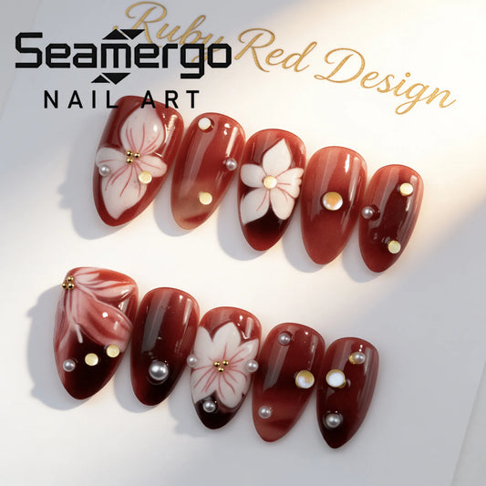 24PCS Press on Acrylic Nails Almond Exquisite Floral Hand Design Pearl Diamond Nail Art Sweet Gentle False Nails for Girl Women