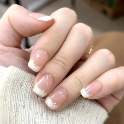 24pcs Press on Nails Short Almond Bowknot Black Press on Nails White Pearl Sweet French Tip Press on Nails Cute Nail Artificial