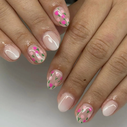 24Pcs Pink Gradient Tulip Design Full Cover Nails Tips Art Short Round Head Fake Nails Reusable Artificial Press on False Nails