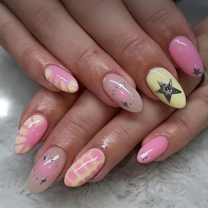 24pcs Colorful Five-pointed Star Press On Nails Red Stripes French Style Y2k Fake Nails Yellow Almond European Fake Nail Tips