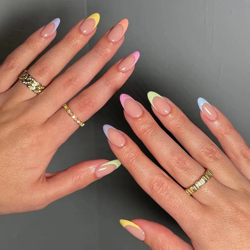 24pcs Press on Nails Wearable Colorful French Mid-length Almond Fake Nails Tips Finished Simple Rainbow Design False Nail Sets