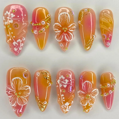 24Pcs Light Blue Smudge Fake Nails Press on Almond Gold Leaf Removable Long Full Cover Nail Tips Wearable Finished Nail Art