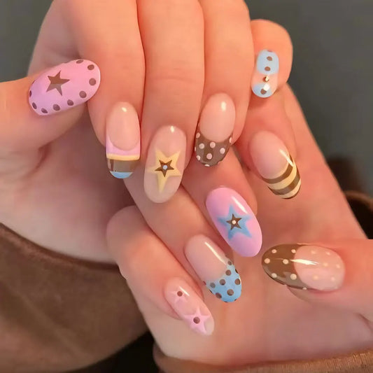 24Pcs Brown French Polka Dot Design Fake Nails Short Round Head False Nails Press on Detachable Artificial Full Cover Nails Tips