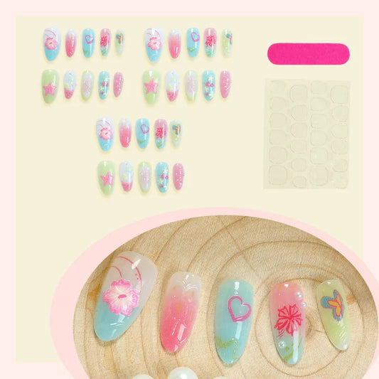24CS Pastel Pink Blue Almond Fake Nails with 3D Starfish Hibiscus Fruit Press on Nails Tropical Beach French Summer Design Nails