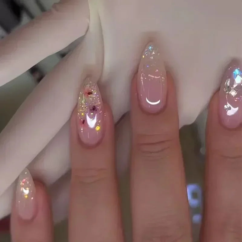 24Pcs Almond Fake Nails with Shimmery Powder Simple Nail Art Ombre French Full Cover Wearable Nail Manicure Tips for Girls Daily