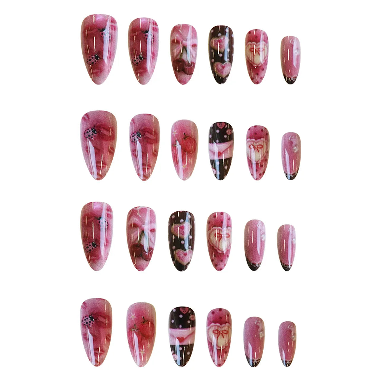 24pcs Sweet Letter Press On Nails Cute Cherry Bowknots Ladybug Strawberry Decor False Nails Blush Pink Almond Fake Nail For Girl
