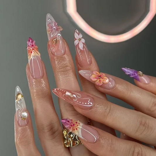 24pcs Flower Shell Design Fake Nails Art Gradient Colorful Long Almond Press on Nails Tips Detachable Pearl Stick on False Nail