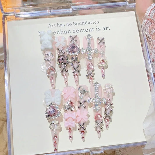 Pink Jirai Kei Cute Long Handmade Press On Nails Shibuya Gyaru Bow Heart Cross Diamond Stiletto Fake Nails Crown Nail Art Y2K
