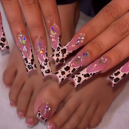 24pcs Press on Nails Sets Leopard Print French Long Square Fake Nails Tips with Diamond False Nail Art Finished Coffin Manicure