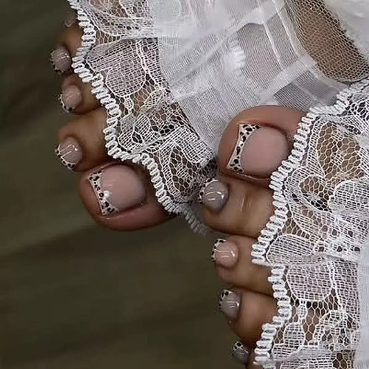 24pcs Fake Toenails Leopard Print Design French Tips Press on Nails Art Simple Short Square Press on Nails Set Reusable Manicure