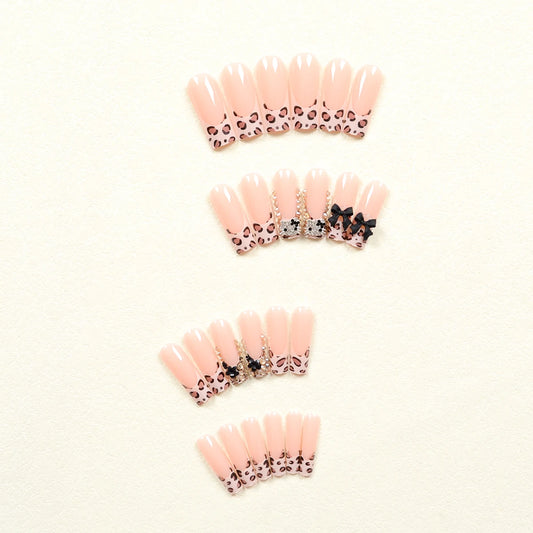 24Pcs Long Water Tube Shaped Nail Pieces Leopard French Nail Art Patch Black Bow False Nail Alloy Hellokitty Wear Nail