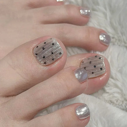 24pcs Light Pink Cat's Eye Press On Nails For Foot Simple Red Wave Point Decor False Toenails Korean Style Summer Fake Toenail