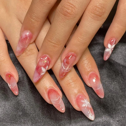 24Pcs Mid-length French Almond Press on Fake Nails with Red Flower Design False Nail Art Reusable Finished Full Cover Nails Tips