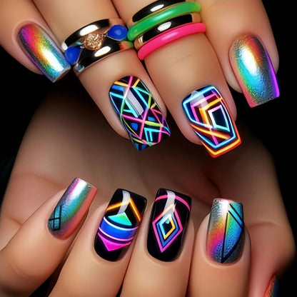 24Pcs Blue False Nails Gradient with French Design Wearable Fake Nails Gradient Short Coffin Full Cover Press on Nail Tips Art