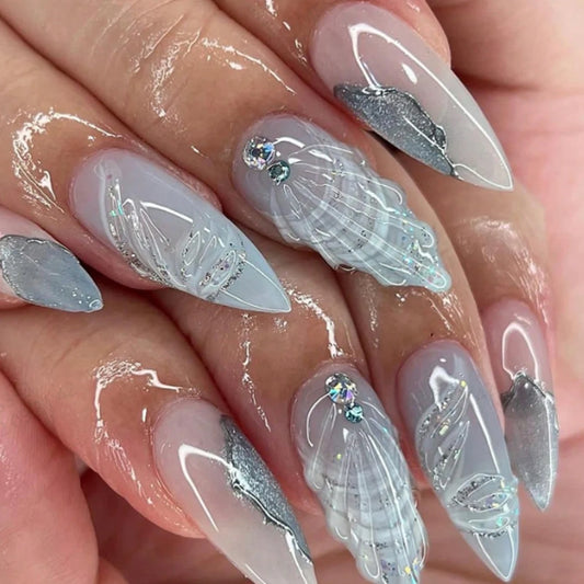 10PCS Pressing Nail Almond Shell Ocean 3d Flash Full Coverage Fake Nail Acrylic Nail Suitable For Women