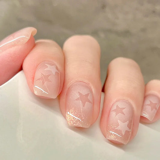 24Pcs Galaxy Glitter Coffin Detachable Gel Nail Tips Glow in Dark Starry Fake Nails Cat Eye Shimmery Star Pattern Press on Nails