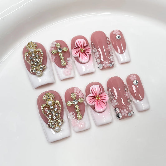 10Pcs/set Sweet Nude Pink Ballet Press on Fake Nails Metal Gold Rhinestone Flower Handmade French Coffin Reusable Nail Stickers