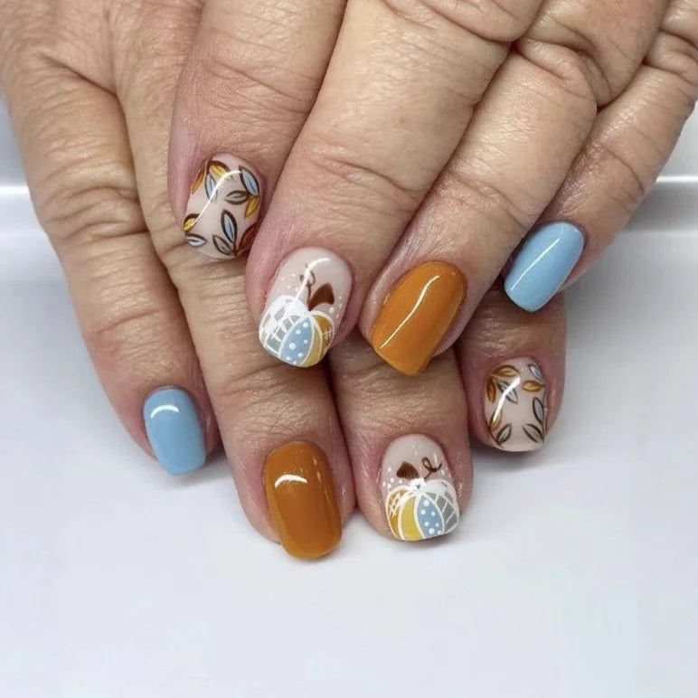 24pcs Cartoon Leaves Fake Nails Art Polka Dot Shiny Powder Design Full Cover Ballet False Nail Short Brown Square Press on Nails
