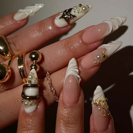 24PCS Simple White French False Nails Sweet Cool Gilt Golden Star Texture Almond with Pearl Press on Nails Full Cover Detachable