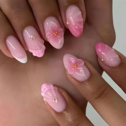 3D Water Ripple Flower Metal Bead Pearl Nail Art Summer Fashion Almond False Nails Detachable Finished Fake Nails Press on Nails