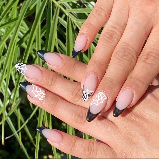 24Pcs Spider Web French Design Fake Nail Mid-length Almond Press on False Nails Purple Gradient Detachable Full Cover Nails Tips