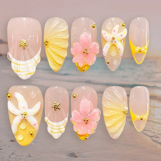 24Pcs Mid-length Almond Fake Nails Press on Yellow Gradient French Wearable False Nails 3D Flower Starfish Full Cover Nails Tips